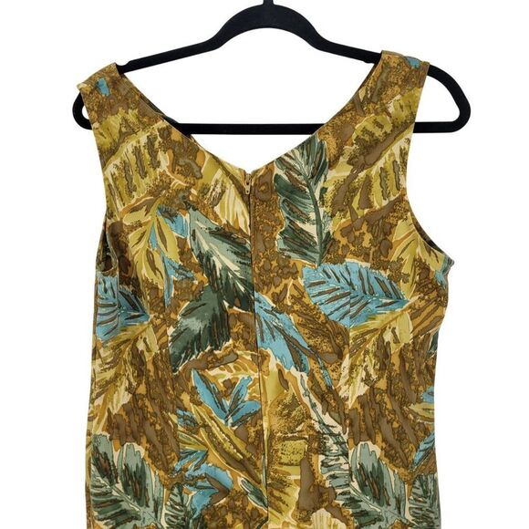 Vtg Mini Shift Dress Sz 10 Leaf Print Sleeveless V-Neck Brown Topical Resort - Picture 8 of 11